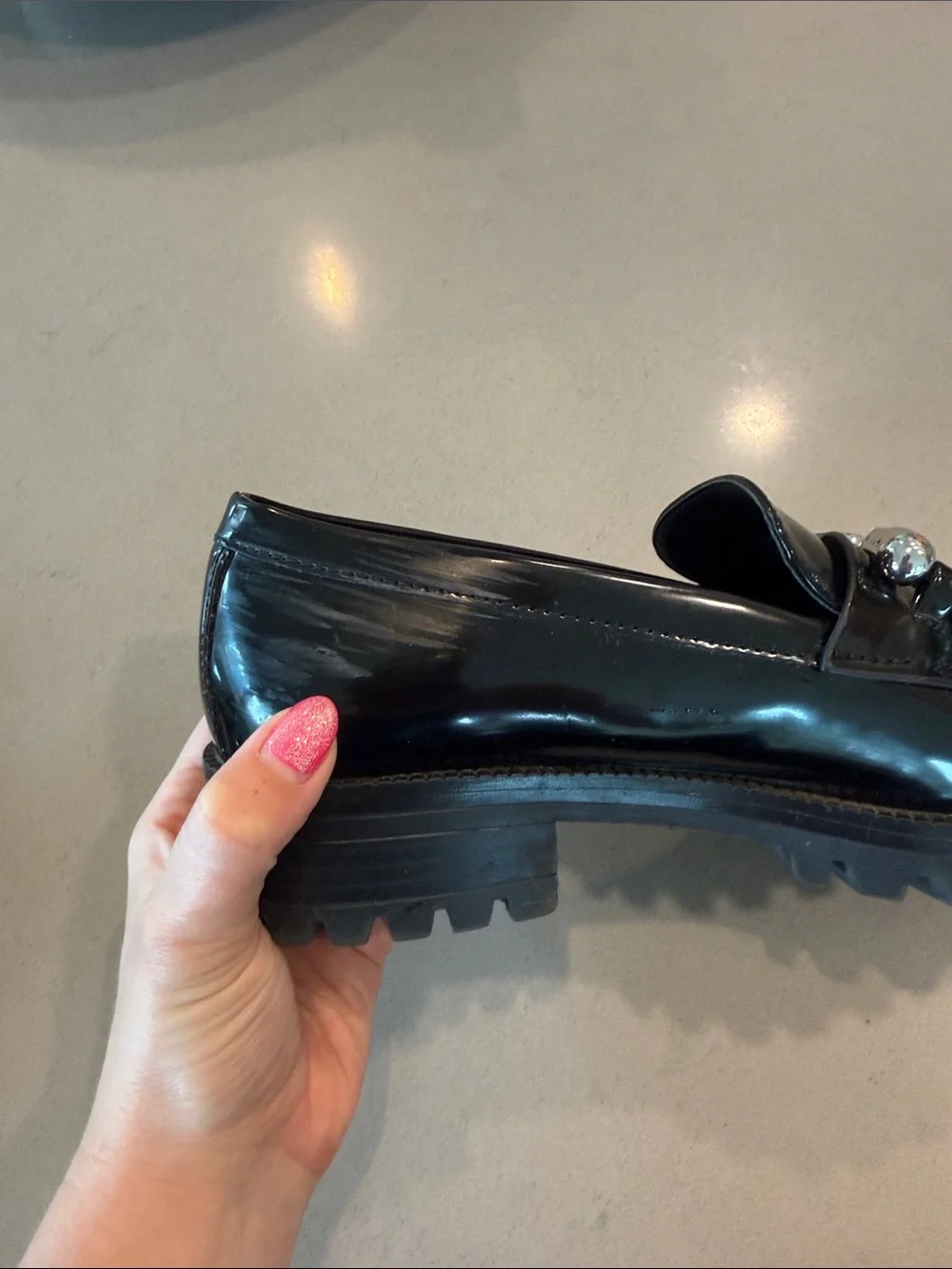 Zara Black Patent Loafers with Silver Chain Detail
